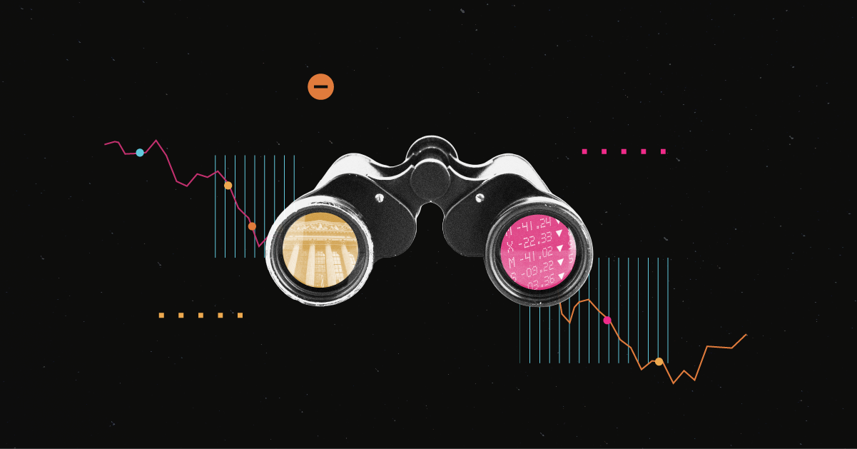 Ilustración de binoculares acercándose al desempeño del mercado