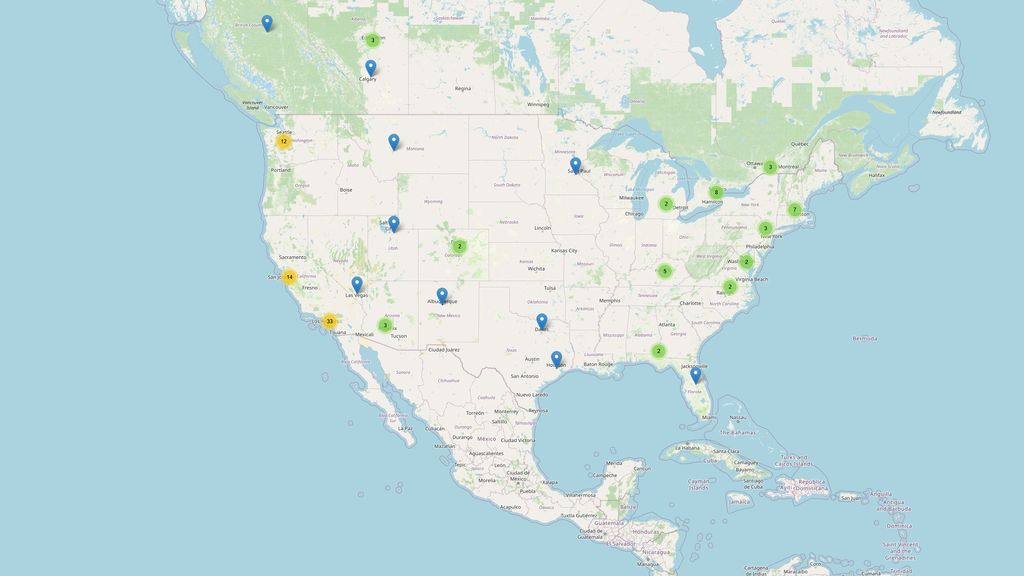Un mapa de vehículos de Tesla relacionado con el tablero de teslats desprotegidos en América del Norte.