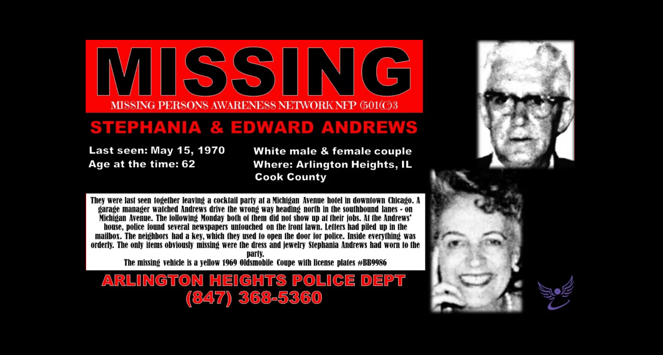 Foster falta a Stapania y Edward Andrews, quienes desaparecieron en Chicago en 1970. Durante una reciente búsqueda de Oldsmoby de la pareja en el río Chicago, un equipo de buzos reveló otros 97 autos hundidos.