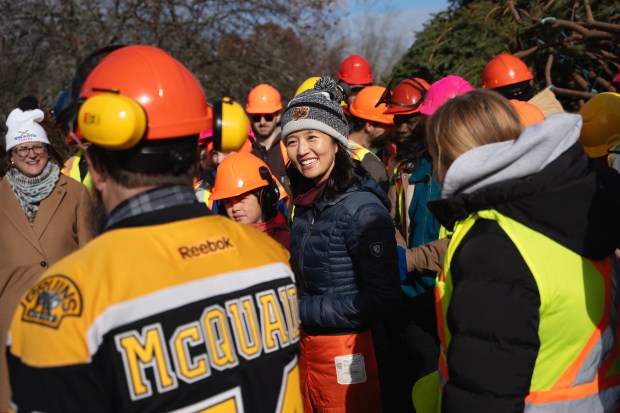 La alcaldesa de Boston, Michelle Wu, en el centro, está rodeada de estudiantes y profesores del Nova Scotia Community College después de talar un abeto blanco del condado de Lunenburg seleccionado como Árbol 2025 de Nueva Escocia para Boston, en Matins Brook, Nueva Escocia, la semana pasada. (Darren Calabrese/The Canadian Press vía AP)