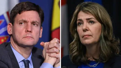Getty Images Imagen compuesta de David Ivey de Columbia Británica y Danielle Smith de Alberta. Ambos aparecen fotografiados en ruedas de prensa, mirando a la izquierda de la cámara con expresión seria. 