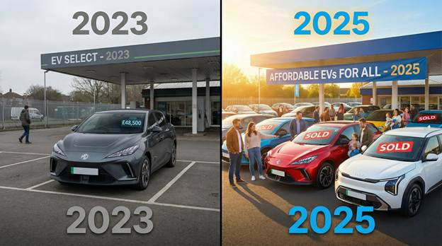 Comparación de pantalla dividida de lotes de concesionarios de automóviles del Reino Unido. a la izquierda (marcado "2023"), un solo vehículo eléctrico tiene un precio elevado. a la derecha (marcado "2025"), un concurrido patio delantero muestra a familias explorando activamente vehículos eléctricos asequibles como el MG4 y el Kia EV3, con "vendido" Las pegatinas son claramente visibles en los parabrisas. La iluminación debe ser brillante y optimista en el lado derecho.