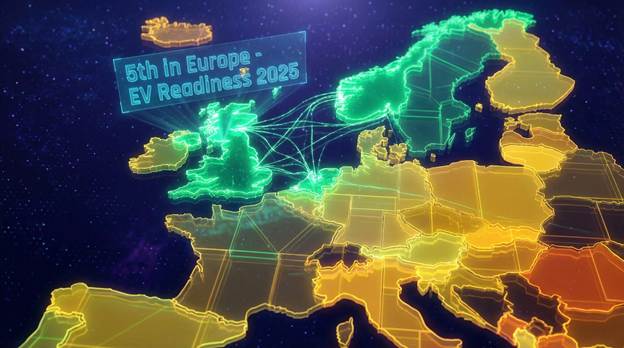 Un mapa 3D estilizado de Europa flotando en el espacio digital. Gran Bretaña está resaltada en un verde vibrante y brillante, pulsando con líneas de energía que conectan Noruega y los Países Bajos (también verde). Otros países tienen diferentes tonos de amarillo o naranja. Escribe una capa de texto holográfico sobre el Reino Unido. "5 en Europa - Preparación para vehículos eléctricos 2025".