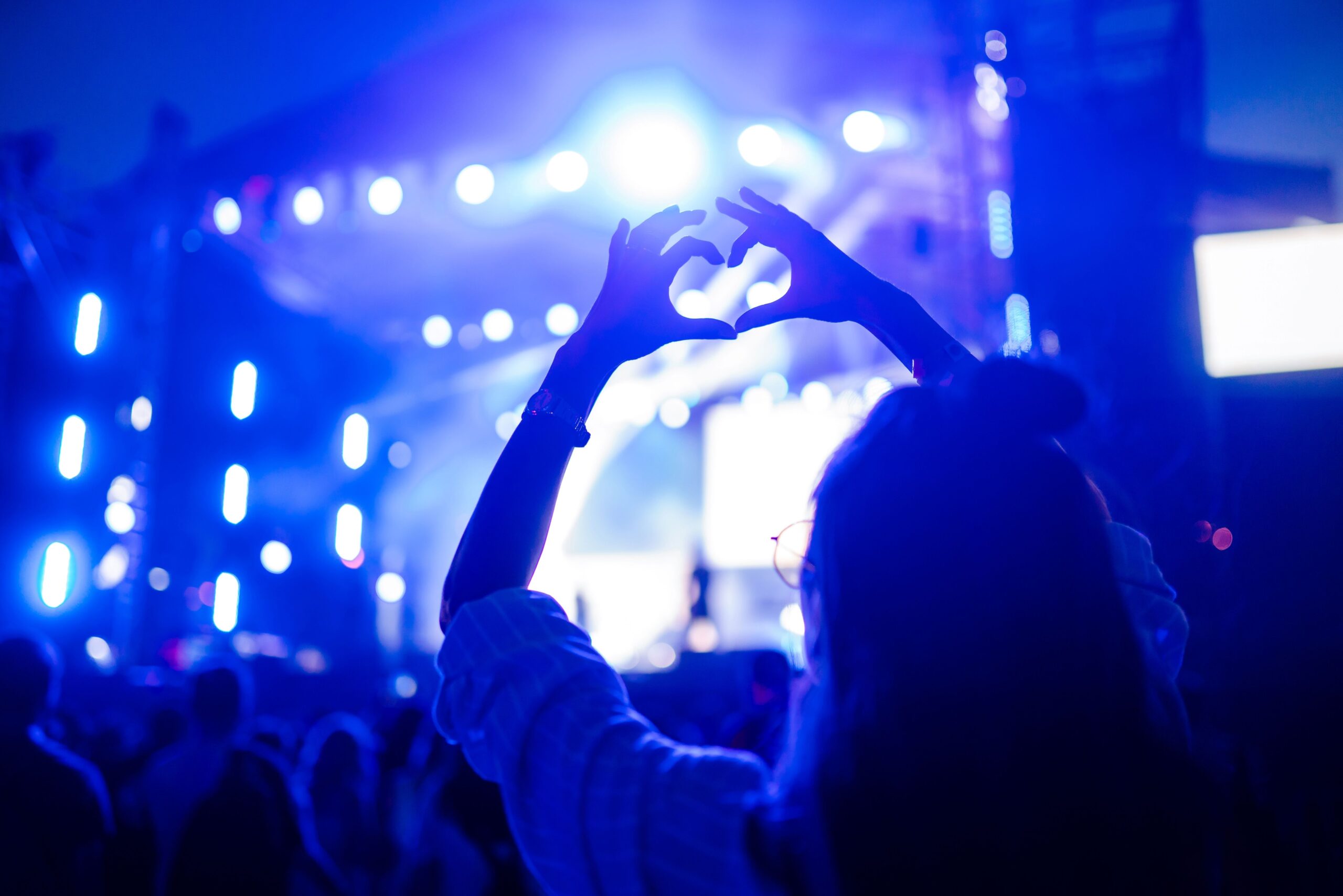 Un concierto con alguien sosteniendo el cartel del corazón en sus manos.